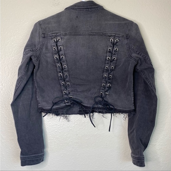 L'Agence XS Grey Jean Jacket Lace Up Crop Denim Blazer Distressed Black Wash - Picture 4 of 16